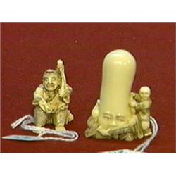 Two well-carved and detailed, ivory netsuke: Ebisu with fish on pole and marine Fukurokuju with atte