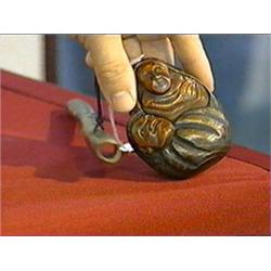 Very unusual antique Japanese carved wood tobacco box in the form of daruma and woman, carved ojime 