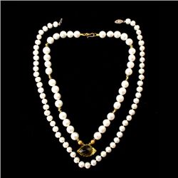 2 CULTURED PEARL, QUARTZ, 20K, METAL NECKLACES.