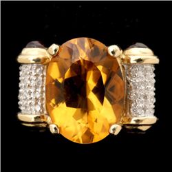 CITRINE, TOURMALINE, DIAMOND, 14K YELLOW GOLD RING.
