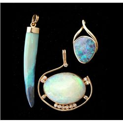 OPAL, DIAMOND, 14K YELLOW GOLD PENDANTS.