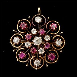 RUBY, DIAMOND, 14K Y/G PENDANT-BROOCH-CHATELAINE.