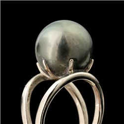 CULTURED PEARL, 14K WHITE GOLD RING.