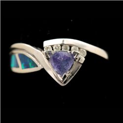 TANZANITE, DIAMOND, OPAL, 14K WHITE GOLD RING.