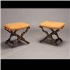 Image 1 : Pair Savonarola Walnut Stools Fitted with Cushions