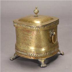 Brass Two Handled Coal Shuttle with Lion Paw Feet,