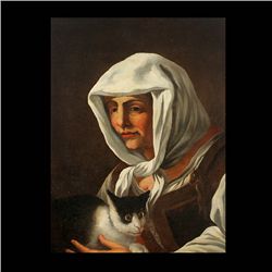 Italian School "Lady with Cat" Oil