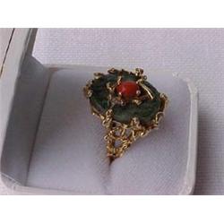 HANDMADE 14K GOLD RING WITH AGATE AND CORAL