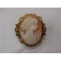 CARVED SHELL CAMEO PIN - 1930'S GOLD FILLED