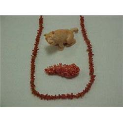 CORAL NECKLACE, PIN AND ANIMAL FIGURINE - 1