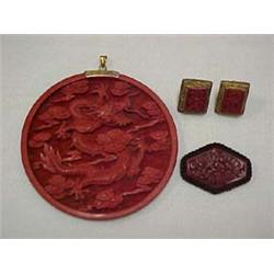 CINNABAR PENDANT, PIN AND EARRINGS - 4" DIA
