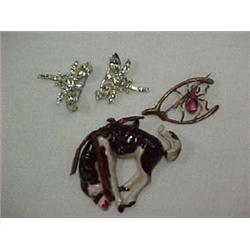 FOUR FIGURAL ANIMAL PINS - TWO CLEAR RHINES