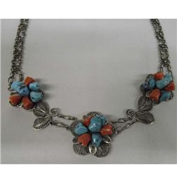 Sterling Silver Necklace w/Coral & Turquoise