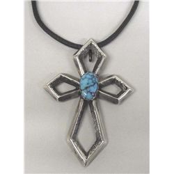 Navajo Sandcast Silver & Turquoise Cross Pendant
