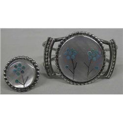 Zuni Mother of Pearl Bracelet/Ring, Inlay Flowers