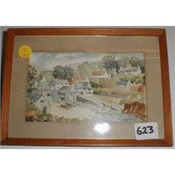 A small framed and glazed watercolour of a harbour scene