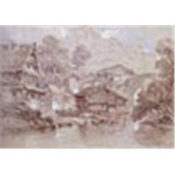 William Alfred Delamotte (1775-1863), Brunnern (?) Lac Locarno, pen, sepia ink and wash heightened i