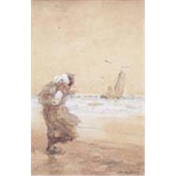 Dudley Hardy (1865-1922), Study of a peasant woman carring a child on her back, standing on a windsw