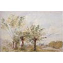 English School, (early 20th century), Pollarded willows beside a river, oil on board, 20.5 x 30 cm (