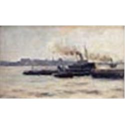 Norman Wilkinson (1878-1971), Vessels moored on the Thames, oil on panel, 12.7 x 20cm (see illustrat