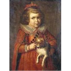 Continental School, (17th century), Portrait of a young girl, half-length, carrying a spaniel and we