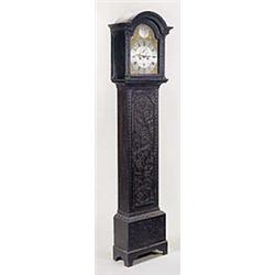 A carved oak longcase clock, the five pillar, eight day movement with anchor escapement and rack str