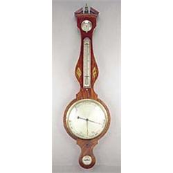 Jas. Lillia; a mid 19th century mahogany and boxwood banded wheel barometer, with silvered dial, hyg