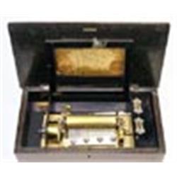 A Swiss musical box, with one 12cm cylinder playing six tunes, lever wind mechanism, tune indicator