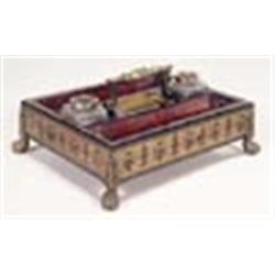 A 19th century ebony and boulle rectangular inkstand with a brass handle, two glass ink pots and two