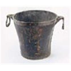 A 19th century painted leather fire bucket, with brass studded rim, two handles cast with masks, 26