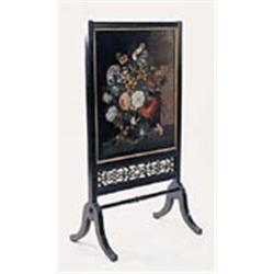 A late 19th century ebonised rectangular firescreen, with a reeded frame and a fabric backed oil pai