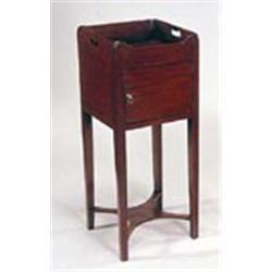 A late George III mahogany tray top pot cupboard, with pierced handles and a door on square tapering