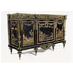 A late 19th century French lacquered and ebony cabinet in Louis XVI style, in the manner of Martin C