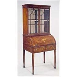 A late 19th century mahogany and floral marquetry bureau bookcase, the top with two astragal glazed