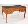 Image 1 : A late19th century French satinwood writing table, with leather inset slide to each ends, the five d