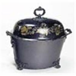 An early Victorian tole peint oval coal box, painted with flowers on a black ground, the lid with sc