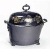 Image 1 : An early Victorian tole peint oval coal box, painted with flowers on a black ground, the lid with sc