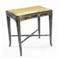 An ebonised and gilt japanned rectangular stool in Regency style, with caned seat on ring turned tap