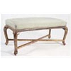 A giltwood rectangular stool, with padded seat and moulded rails on cabriole legs with  X  stretcher