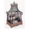 Image 1 : A wirework and mahogany rectangular bird cage, in Chinese style with pagoda type top, the sides with