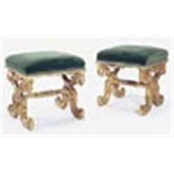 A pair of 19th century Italian carved giltwood stools, with rectangular padded seats, on 'X' shaped