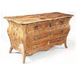 A mid 18th century Italian olivewood and parquetry serpentine commode, with a crossbanded and quarte