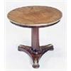 Image 1 : A mahogany table, the round top with brass band on octagonal tapering column and concave platform wi