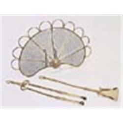 A Victorian brass fan shaped spark guard and two brass fireirons