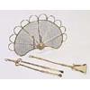 A Victorian brass fan shaped spark guard and two brass fireirons