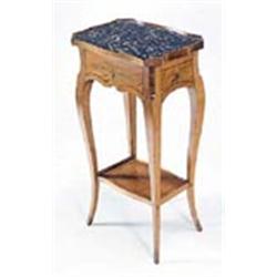 A Louis XV French fruitwood small table, the serpentine shaped grey marble top with a raised gallery