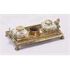 Image 1 : A 19th century brass rectangular inkstand, with leaf chased handles, two cut glass wells and a centr