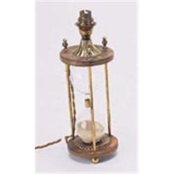 A brass, glass and tooled leather lamp base, in the form of an hour glass, fitted for electricity, 3