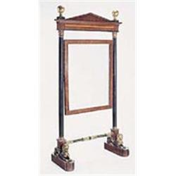 A walnut, ebony strung, ebonised and parcel gilt cheval mirror in Empire style, with architectural p