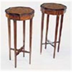 A pair of late 19th century sycamore, satinwood, mahogany and harewood Sheraton Revival octagonal ur